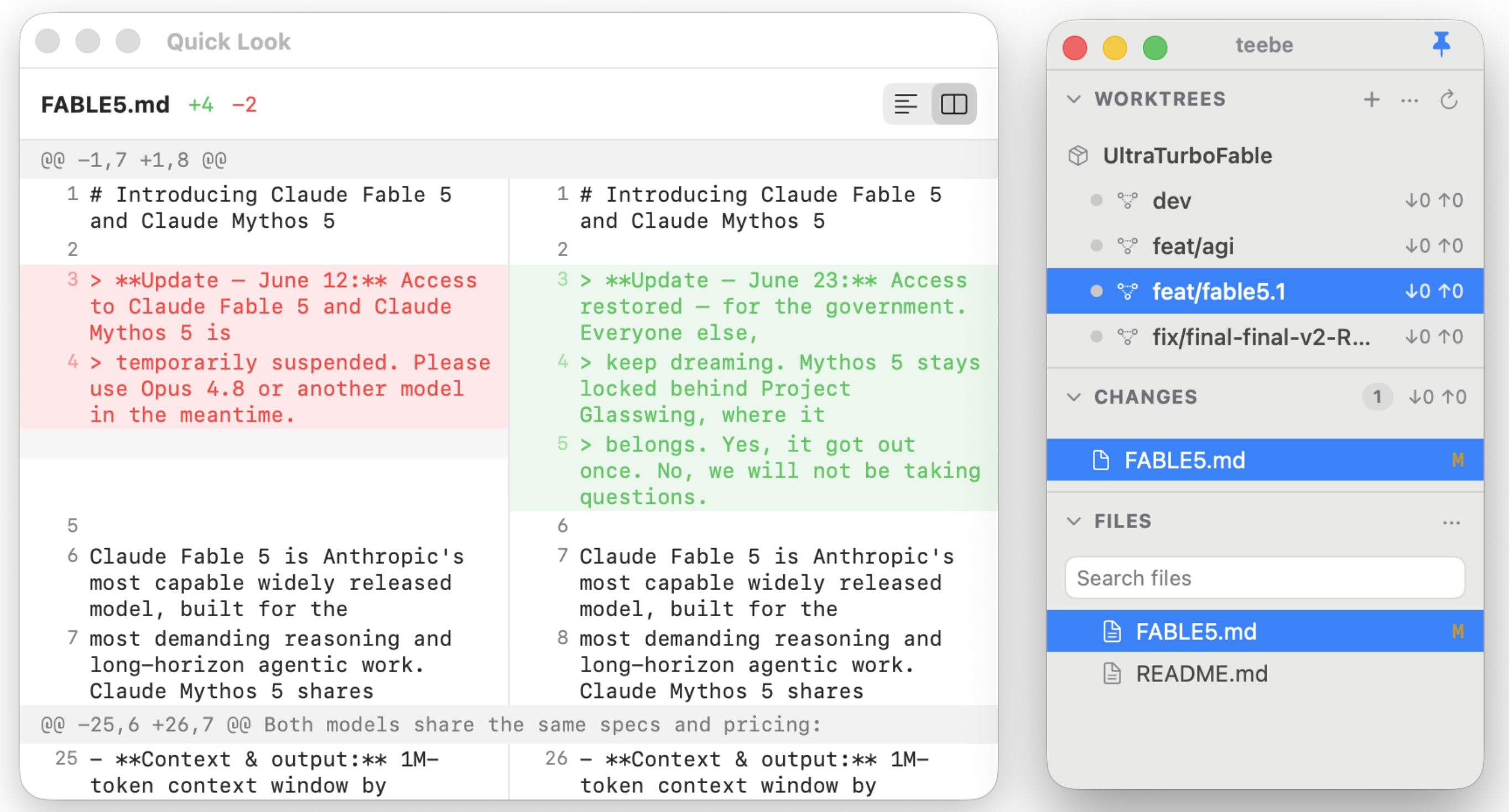 teebe beside a Quick Look diff: selecting the feat/fable5.1 worktree shows its changed files, with FABLE5.md open in a side-by-side diff