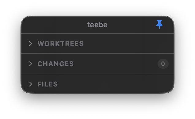 teebe's collapsed window showing its Worktrees, Changes and Files sections